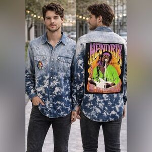 Upcycled JIMI HENDRIX graphic tee on AMERICAN EAGLE Acid Washed Denim Shirt Sz L